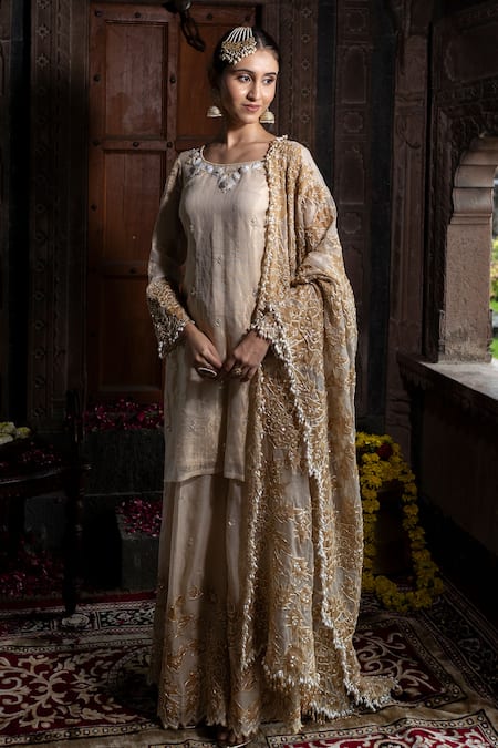Buy_Farha Syed_Ivory Chanderi Silk, Organza Applique, Beads, Floral Kurta Sharara Set _Online_at_Aza_Fashions