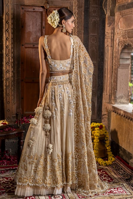 Shop_Farha Syed_Gold Organza, Chanderi Silk, Tissue Applique, Beads, Cut Work, Lehenga Set _at_Aza_Fashions
