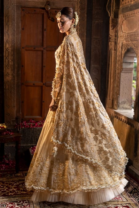 Farha Syed_Gold Organza, Chanderi Silk, Tissue Applique, Beads, Cut Work, Lehenga Set _Online_at_Aza_Fashions