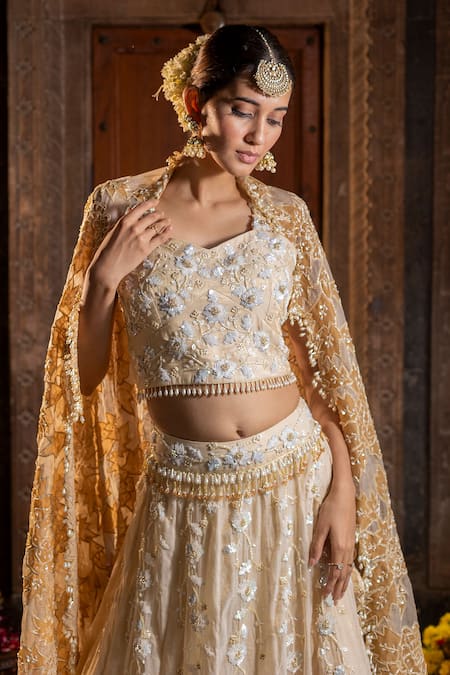 Buy_Farha Syed_Gold Organza, Chanderi Silk, Tissue Applique, Beads, Cut Work, Lehenga Set _Online_at_Aza_Fashions