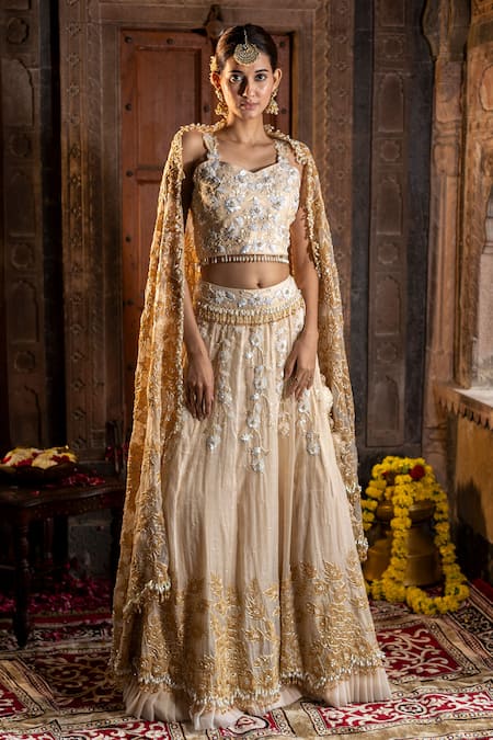 Shop_Farha Syed_Gold Organza, Chanderi Silk, Tissue Applique, Beads, Cut Work, Lehenga Set _Online_at_Aza_Fashions