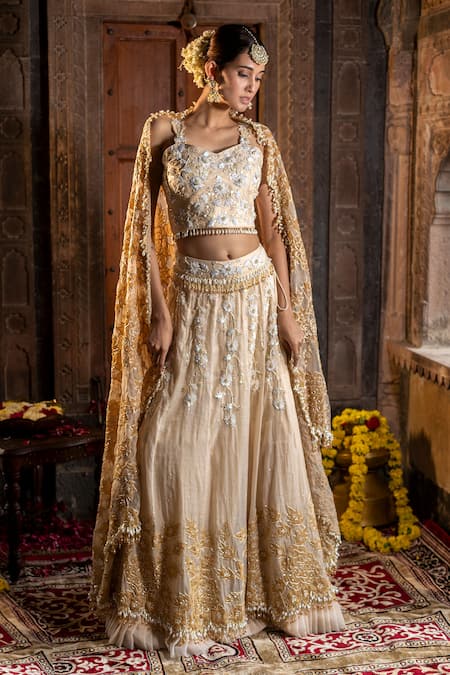 Farha Syed_Gold Organza, Chanderi Silk, Tissue Applique, Beads, Cut Work, Lehenga Set _at_Aza_Fashions