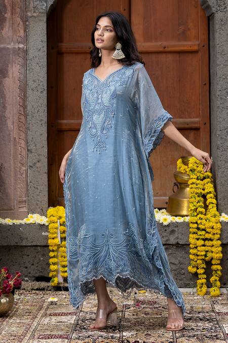 Farha Syed_Blue Satin, Silk, Organza Cut Work, Beads V-neck, Open Floral Applique Kaftan _Online_at_Aza_Fashions