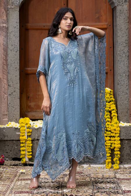 Shop_Farha Syed_Blue Satin, Silk, Organza Cut Work, Beads V-neck, Open Floral Applique Kaftan _Online_at_Aza_Fashions