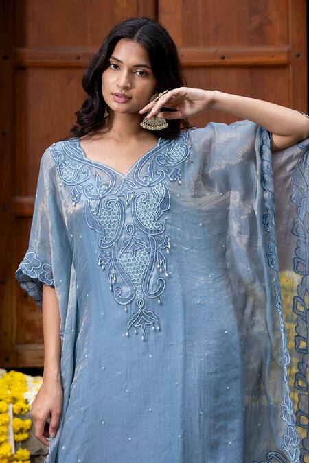 Farha Syed_Blue Satin, Silk, Organza Cut Work, Beads V-neck, Open Floral Applique Kaftan _at_Aza_Fashions