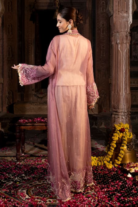 Shop_Farha Syed_Lavender Organza, Chanderi Silk Embroidery, Applique, Beads, Jacket And Pant Set _at_Aza_Fashions