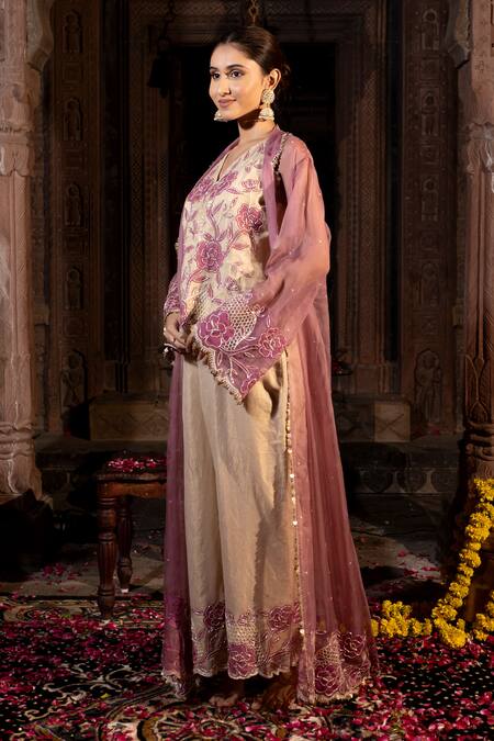 Farha Syed_Lavender Organza, Chanderi Silk Embroidery, Applique, Beads, Jacket And Pant Set _Online_at_Aza_Fashions