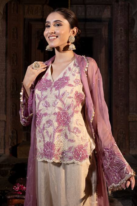 Buy_Farha Syed_Lavender Organza, Chanderi Silk Embroidery, Applique, Beads, Jacket And Pant Set _Online_at_Aza_Fashions