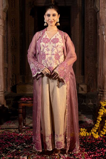 Shop_Farha Syed_Lavender Organza, Chanderi Silk Embroidery, Applique, Beads, Jacket And Pant Set _Online_at_Aza_Fashions