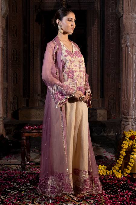 Farha Syed_Lavender Organza, Chanderi Silk Embroidery, Applique, Beads, Jacket And Pant Set _at_Aza_Fashions