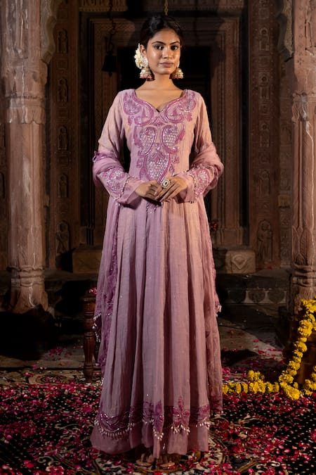 Farha Syed Pink Top And Pant Chanderi Silk Tissue Applique Rosette Hand Embroidered Set 