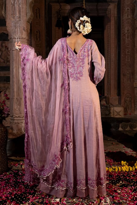 Shop_Farha Syed_Lavender Chanderi Silk, Tissue, Organza Applique, Beads, Hand Anarkali Set _at_Aza_Fashions