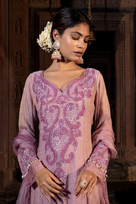 Farha Syed_Lavender Chanderi Silk, Tissue, Organza Applique, Beads, Hand Anarkali Set _Online_at_Aza_Fashions