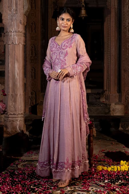 Buy_Farha Syed_Lavender Chanderi Silk, Tissue, Organza Applique, Beads, Hand Anarkali Set _Online_at_Aza_Fashions