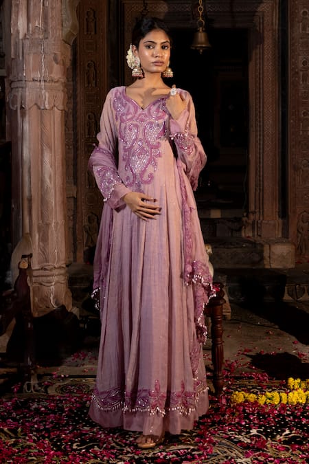 Shop_Farha Syed_Lavender Chanderi Silk, Tissue, Organza Applique, Beads, Hand Anarkali Set _Online_at_Aza_Fashions