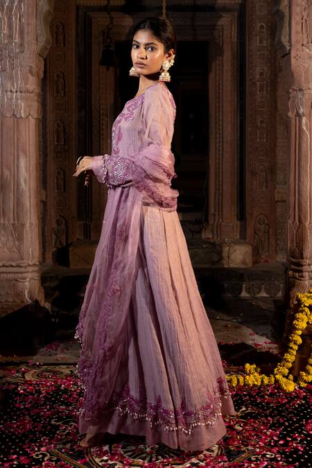 Farha Syed_Lavender Chanderi Silk, Tissue, Organza Applique, Beads, Hand Anarkali Set _at_Aza_Fashions