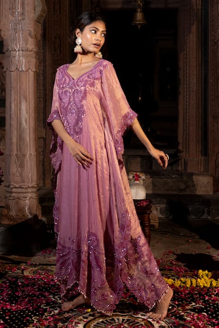 Shop_Farha Syed_Pink Chanderi Silk Beads, Cut Work Floral Hand Embroidered Kaftan _at_Aza_Fashions