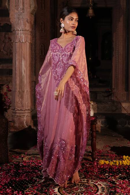 Buy_Farha Syed_Pink Chanderi Silk Beads, Cut Work Floral Hand Embroidered Kaftan _Online_at_Aza_Fashions