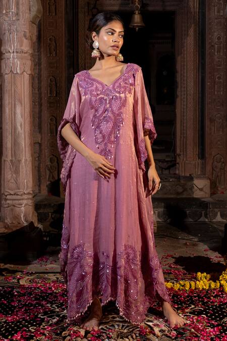 Shop Farha Syed Pink Chanderi Silk Beads, Cut Work Floral Hand Embroidered Kaftan Online at Aza Fashions Shop_Farha Syed_Pink Chanderi Silk Beads, Cut Work Floral Hand Embroidered Kaftan _Online_at_Aza_Fashions