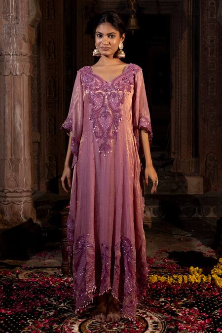 Farha Syed Pink Chanderi Silk Beads, Cut Work Floral Hand Embroidered Kaftan at Aza Fashions Farha Syed_Pink Chanderi Silk Beads, Cut Work Floral Hand Embroidered Kaftan _at_Aza_Fashions