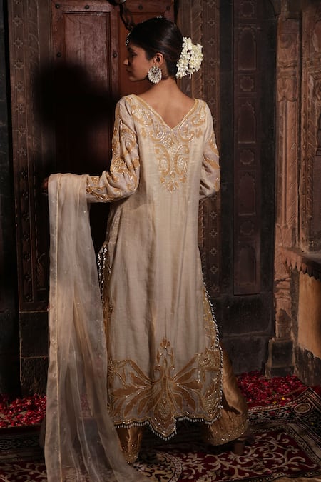 Shop_Farha Syed_Beige Chanderi Silk Cut Work, Beads, Embroidery Floral Kurta Set _at_Aza_Fashions