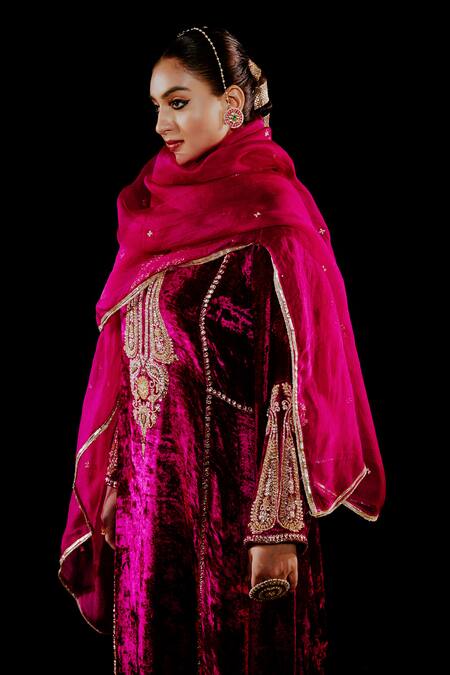 Shop_Gul By Aishwarya_Wine Velvet, Satin, , Organza Embroidery, Sequins Gulshan Kurta Set _Online_at_Aza_Fashions