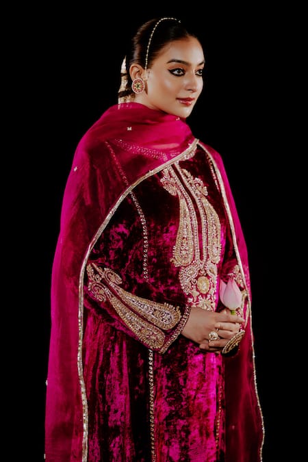 Gul By Aishwarya_Wine Velvet, Satin, , Organza Embroidery, Sequins Gulshan Kurta Set _at_Aza_Fashions