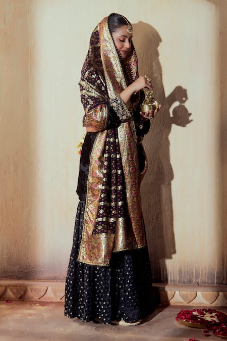 Buy_Gul By Aishwarya_Black Velvet, Georgette, Brocade Embroidery Phool Guldasta Kurta Gharara Set _Online_at_Aza_Fashions