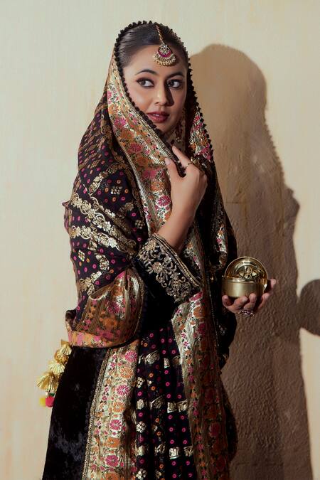 Shop_Gul By Aishwarya_Black Velvet, Georgette, Brocade Embroidery Phool Guldasta Kurta Gharara Set _Online_at_Aza_Fashions