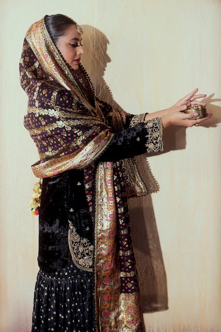 Gul By Aishwarya_Black Velvet, Georgette, Brocade Embroidery Phool Guldasta Kurta Gharara Set _at_Aza_Fashions