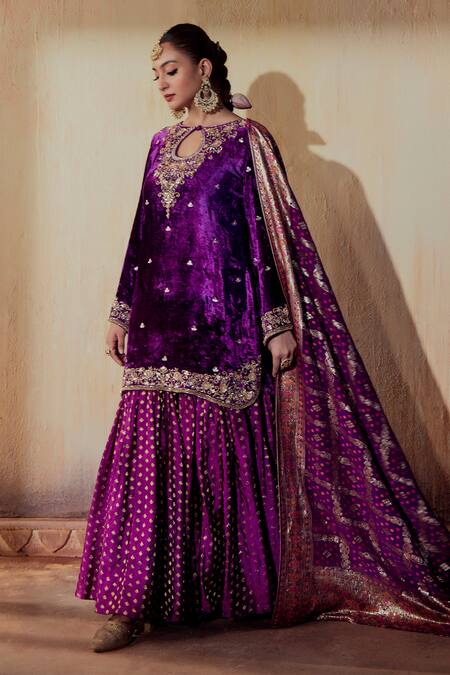 Shop_Gul By Aishwarya_Purple Velvet, Brocade, Georgette Embroidery, Zari Keyhole Guldasta Kurta Set _Online_at_Aza_Fashions