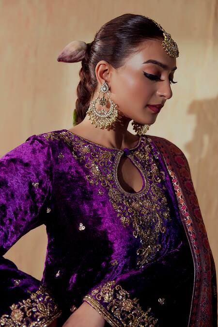 Gul By Aishwarya_Purple Velvet, Brocade, Georgette Embroidery, Zari Keyhole Guldasta Kurta Set _at_Aza_Fashions