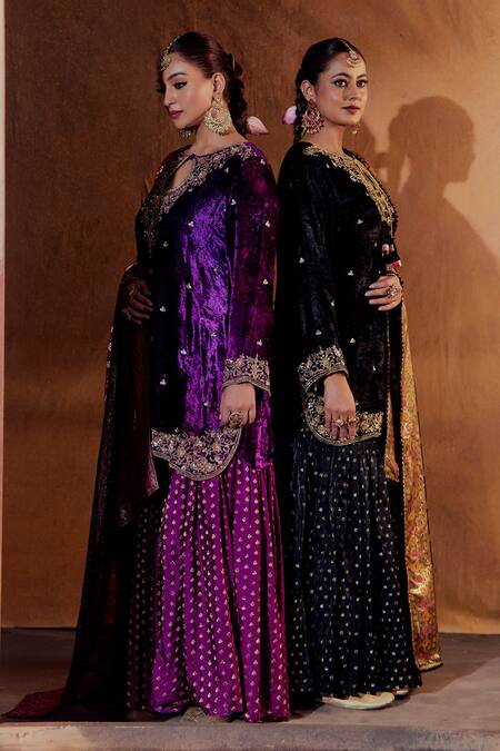 Buy_Gul By Aishwarya_Purple Velvet, Brocade, Georgette Embroidery, Zari Keyhole Guldasta Kurta Set 