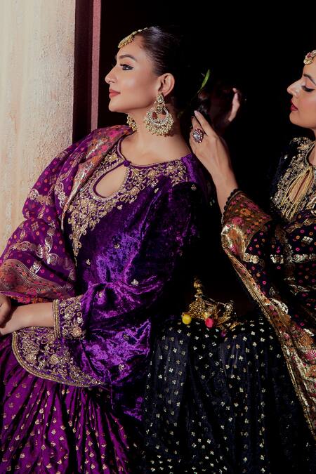 Shop_Gul By Aishwarya_Purple Velvet, Brocade, Georgette Embroidery, Zari Keyhole Guldasta Kurta Set 