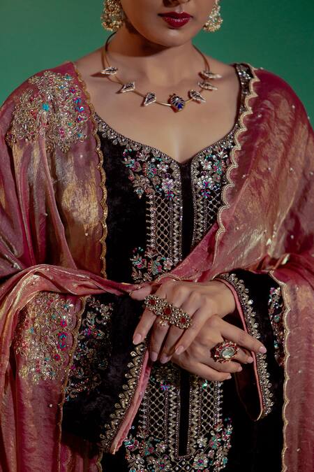 Shop_Gul By Aishwarya_Black Velvet, Tissue Embroidery, Zari Bahar Kurta Set _Online_at_Aza_Fashions