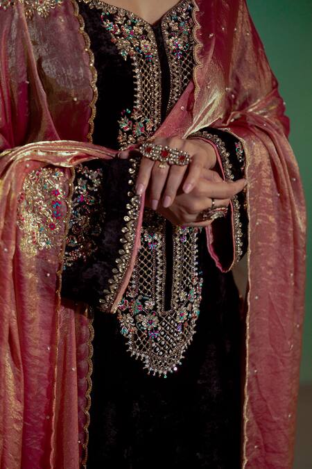 Gul By Aishwarya_Black Velvet, Tissue Embroidery, Zari Bahar Kurta Set _at_Aza_Fashions