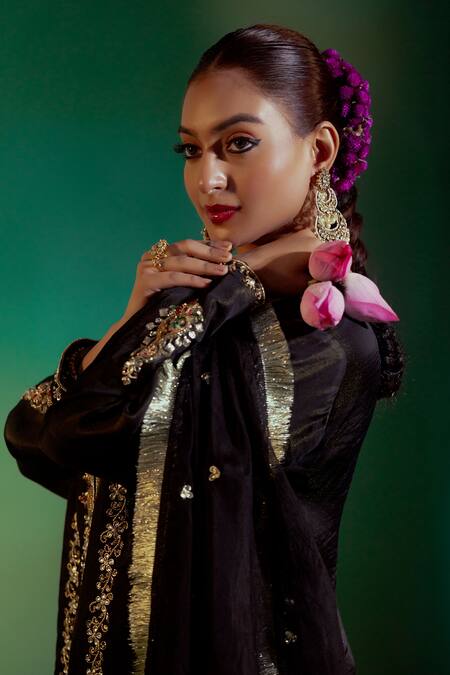 Gul By Aishwarya_Black Chanderi, Silk Organza Embroidery, Sequins Mughal Bloom Kurta Gharara Set _Online_at_Aza_Fashions