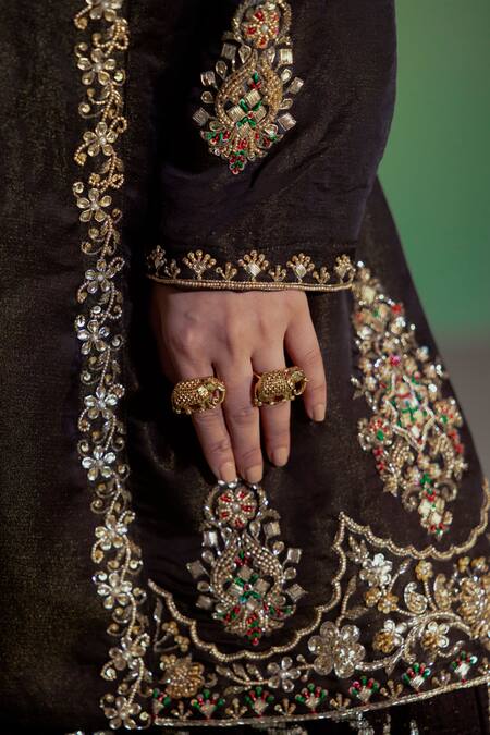 Shop_Gul By Aishwarya_Black Chanderi, Silk Organza Embroidery, Sequins Mughal Bloom Kurta Gharara Set _Online_at_Aza_Fashions