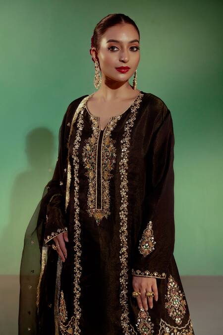 Gul By Aishwarya_Black Chanderi, Silk Organza Embroidery, Sequins Mughal Bloom Kurta Gharara Set _at_Aza_Fashions