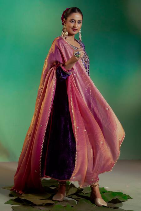 Buy_Gul By Aishwarya_Purple Velvet, Tissue, Organza Embroidery, Sequins Bandeau Bahara Kurta Set _Online_at_Aza_Fashions