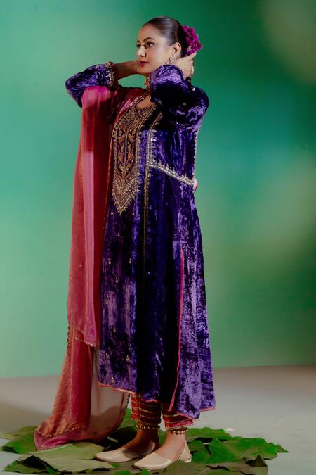 Shop_Gul By Aishwarya_Purple Velvet, Tissue, Organza Embroidery, Sequins Bandeau Bahara Kurta Set _Online_at_Aza_Fashions