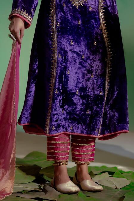 Gul By Aishwarya_Purple Velvet, Tissue, Organza Embroidery, Sequins Bandeau Bahara Kurta Set _at_Aza_Fashions