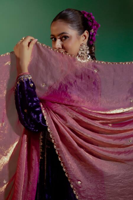 Buy_Gul By Aishwarya_Purple Velvet, Tissue, Organza Embroidery, Sequins Bandeau Bahara Kurta Set 