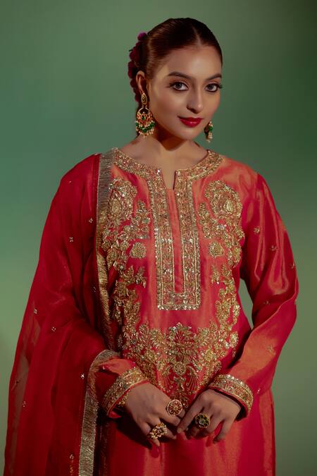 Shop_Gul By Aishwarya_Pink Brocade, Silk Organza, Tissue Embroidery, Sequins Garland Kurta Pant Set _Online_at_Aza_Fashions