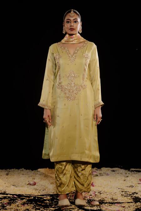 Shop_Gul By Aishwarya_Green Tissue, Georgette, Brocade Embroidery Split V-neck Damask Bloom Kurta Set _Online_at_Aza_Fashions