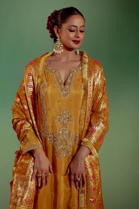 Shop_Gul By Aishwarya_Gold Tissue, Georgette, Brocade Embroidery, Sequins Damask Blossom Kurta Set _Online_at_Aza_Fashions