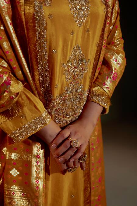 Gul By Aishwarya_Gold Tissue, Georgette, Brocade Embroidery, Sequins Damask Blossom Kurta Set _at_Aza_Fashions