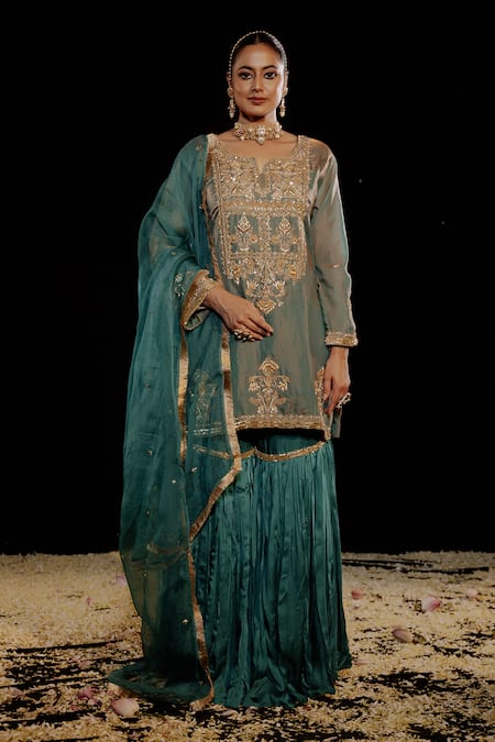Buy_Gul By Aishwarya_Green Satin, Silk , Tissue, Zari, Damask Kurta Gharara Set _Online_at_Aza_Fashions