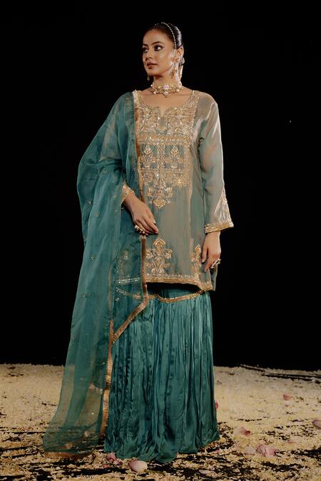 Shop_Gul By Aishwarya_Green Satin, Silk , Tissue, Zari, Damask Kurta Gharara Set _Online_at_Aza_Fashions