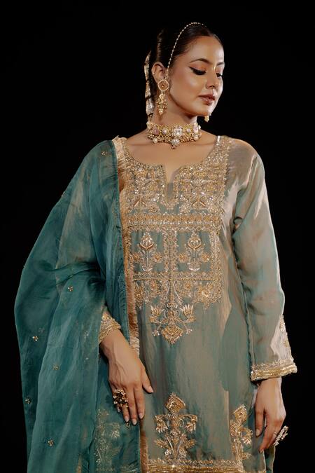 Gul By Aishwarya_Green Satin, Silk , Tissue, Zari, Damask Kurta Gharara Set _at_Aza_Fashions